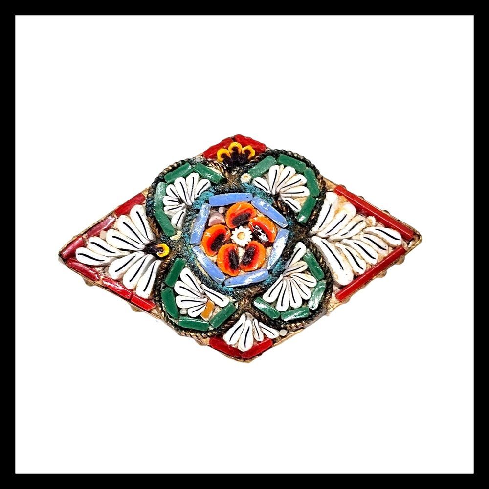 Vintage Micro‎ Mosaic Flower Brooch Pin Diamond Shape Art Glass Italy Red Green